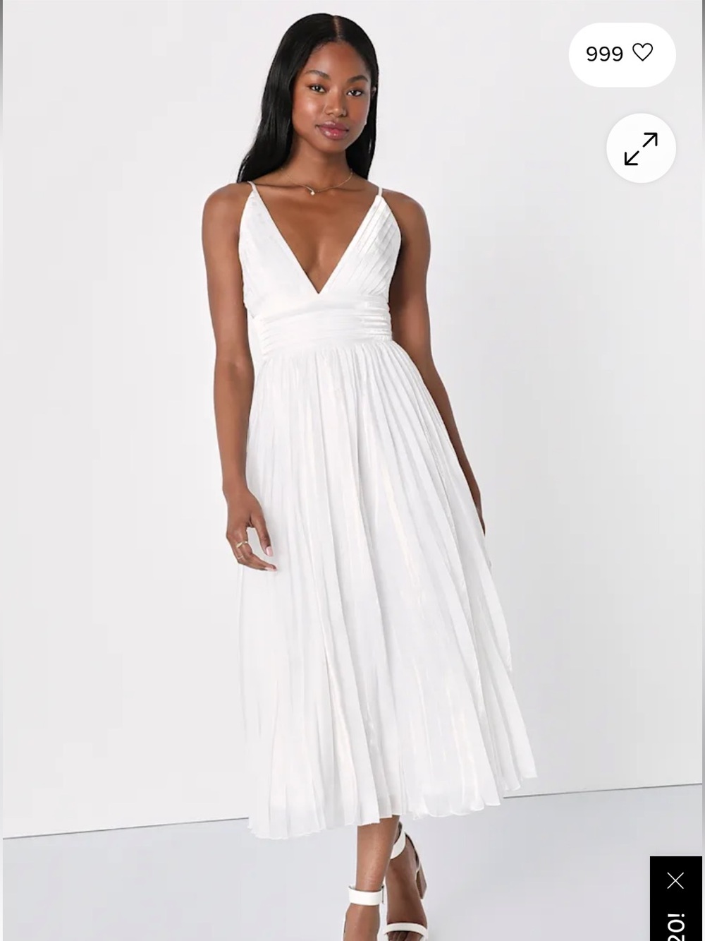 Lulu’s Elegant White V-Neck Pleated Midi Dress